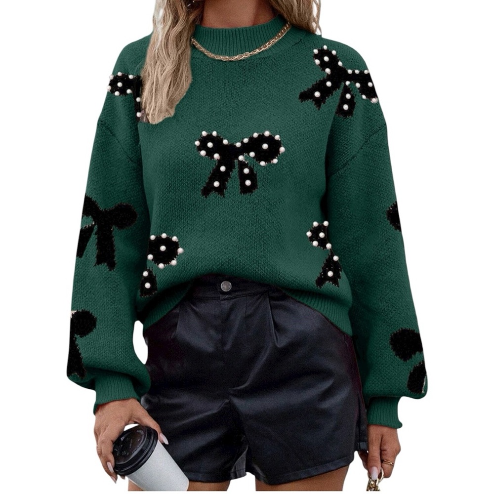 NEW Pearl Bow Embellished Long Sleeve Sweater Holiday Coquette